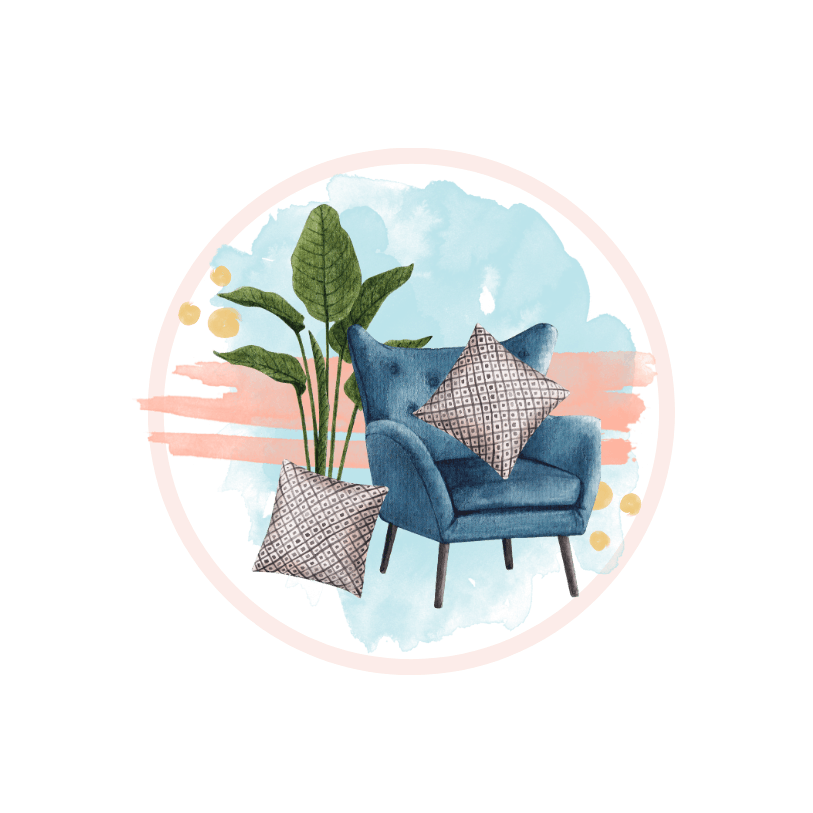 Cozy blue chair with patterned pillows and green plants in a colorful design, perfect for home decor inspiration.