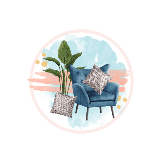 Cozy blue chair with patterned pillows and green plants in a colorful design, perfect for home decor inspiration.