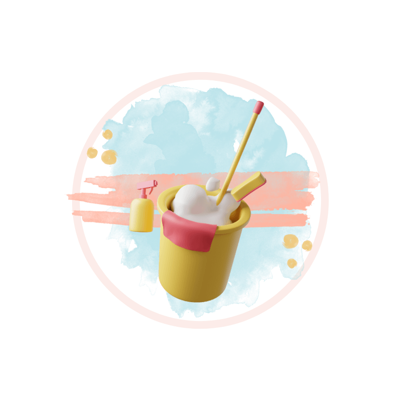 Colorful cleaning supplies in a bucket representing deep cleaning services in Copenhagen.