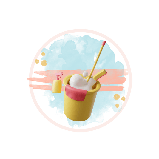 Colorful cleaning supplies in a bucket representing deep cleaning services in Copenhagen.