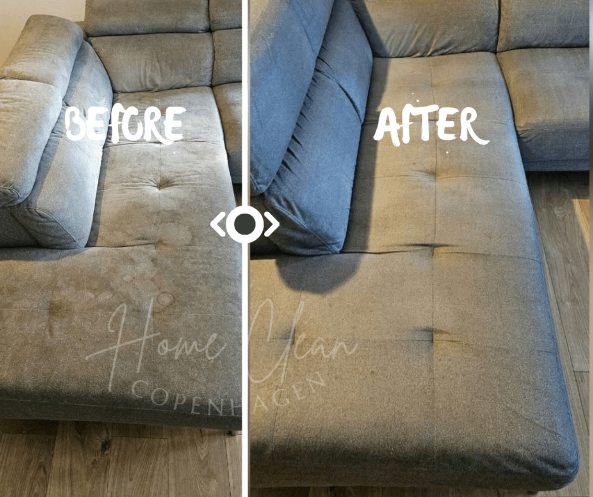 Comparison of a sofa before and after deep cleaning service in Copenhagen by Home Clean CPH.