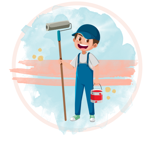 Cartoon character holding a paint roller and paint can, representing professional wall painting services.