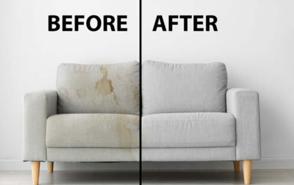 Before and after image showcasing sofa deep cleaning service results in Copenhagen.