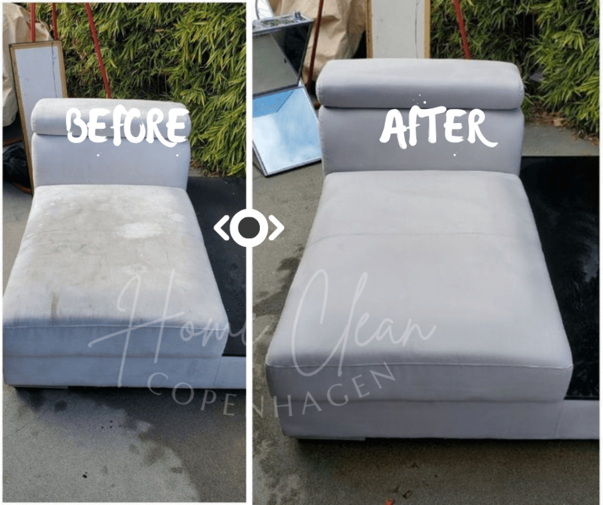 Before and after images of a sofa deep cleaning service in Copenhagen by Home Clean CPH.