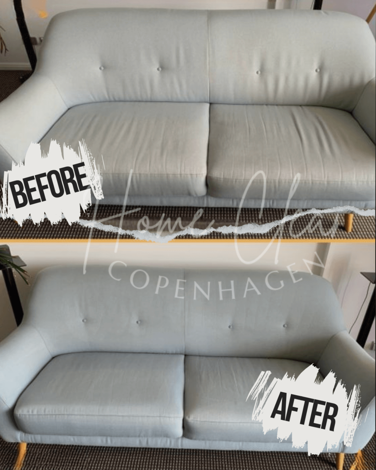 Before and after image of a sofa deep cleaning service in Copenhagen by Home Clean CPH.