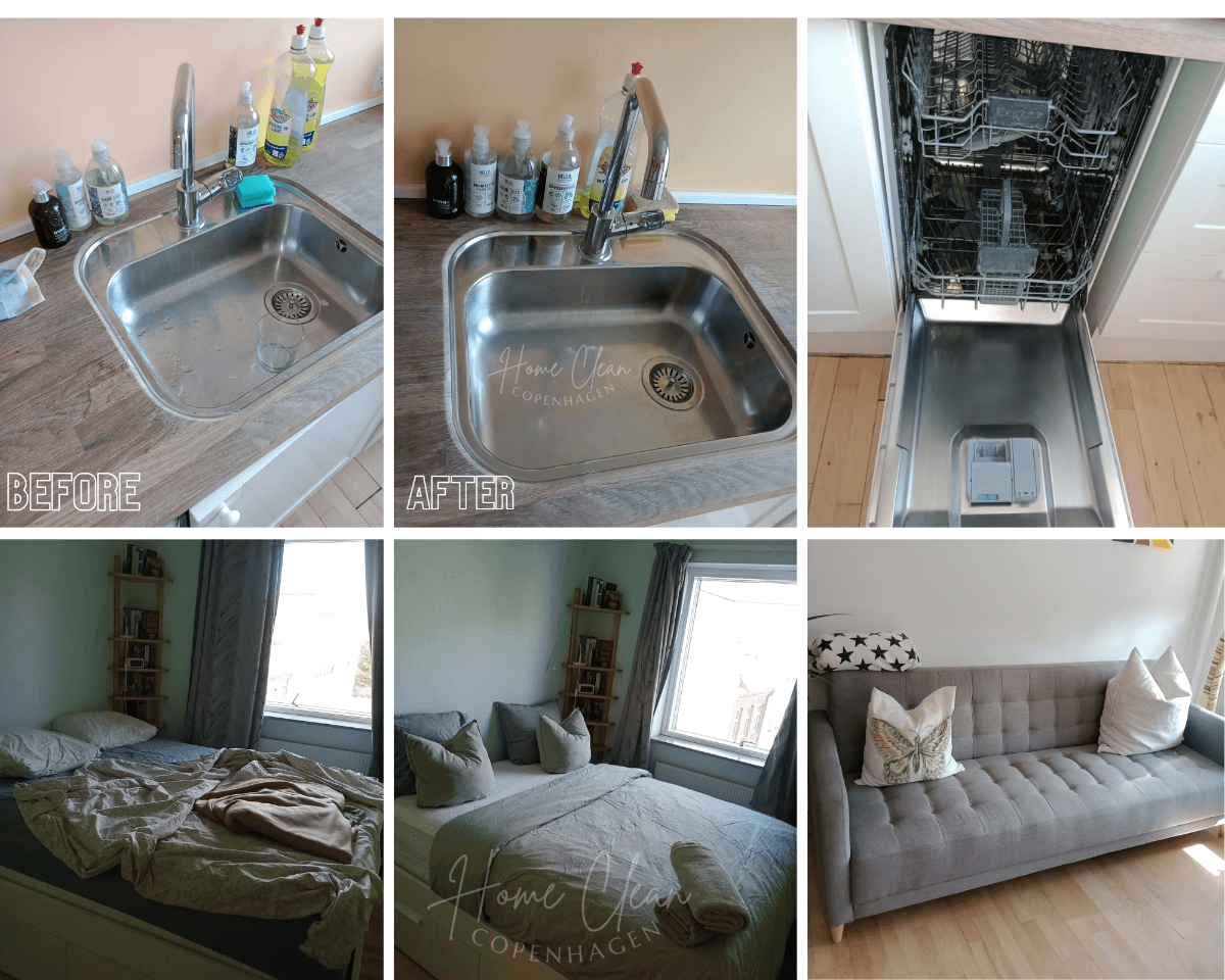 Before and after cleaning images showcasing a sink, dishwasher, bedroom, and living room in Copenhagen.
