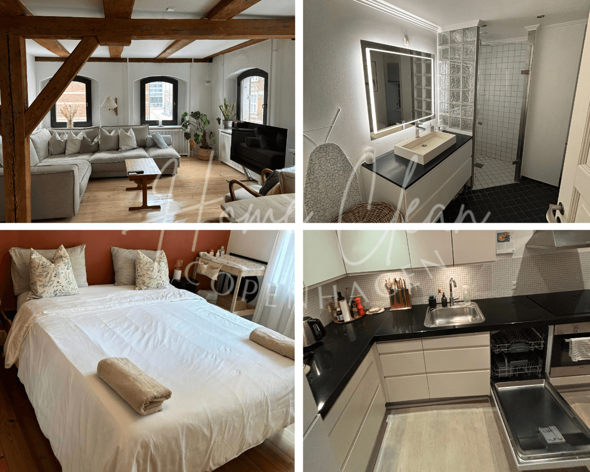 Cozy and clean living spaces featuring a living room, bedroom, and kitchen in a Copenhagen home.