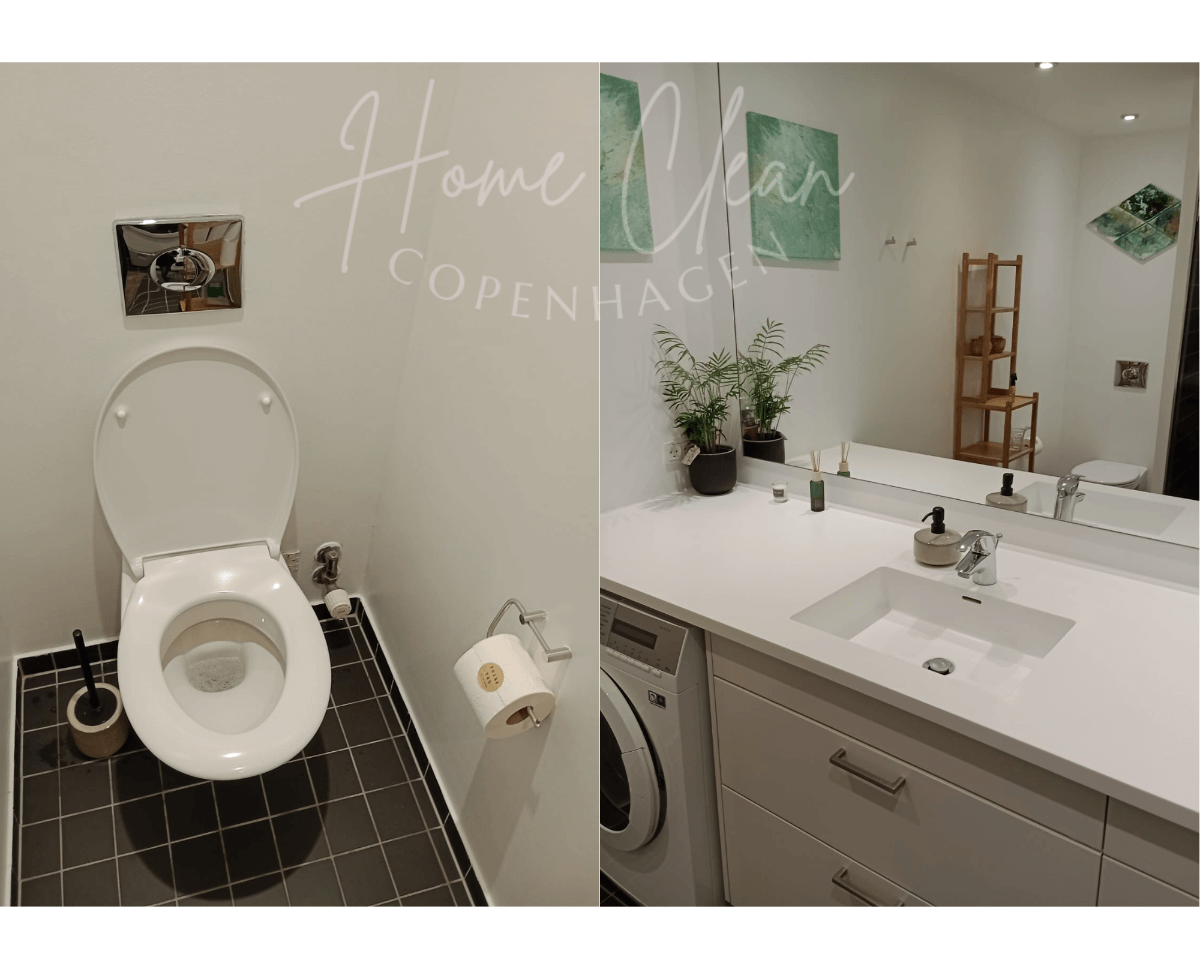 Modern bathroom featuring a clean toilet and stylish sink area in Copenhagen by Home Clean Cph.