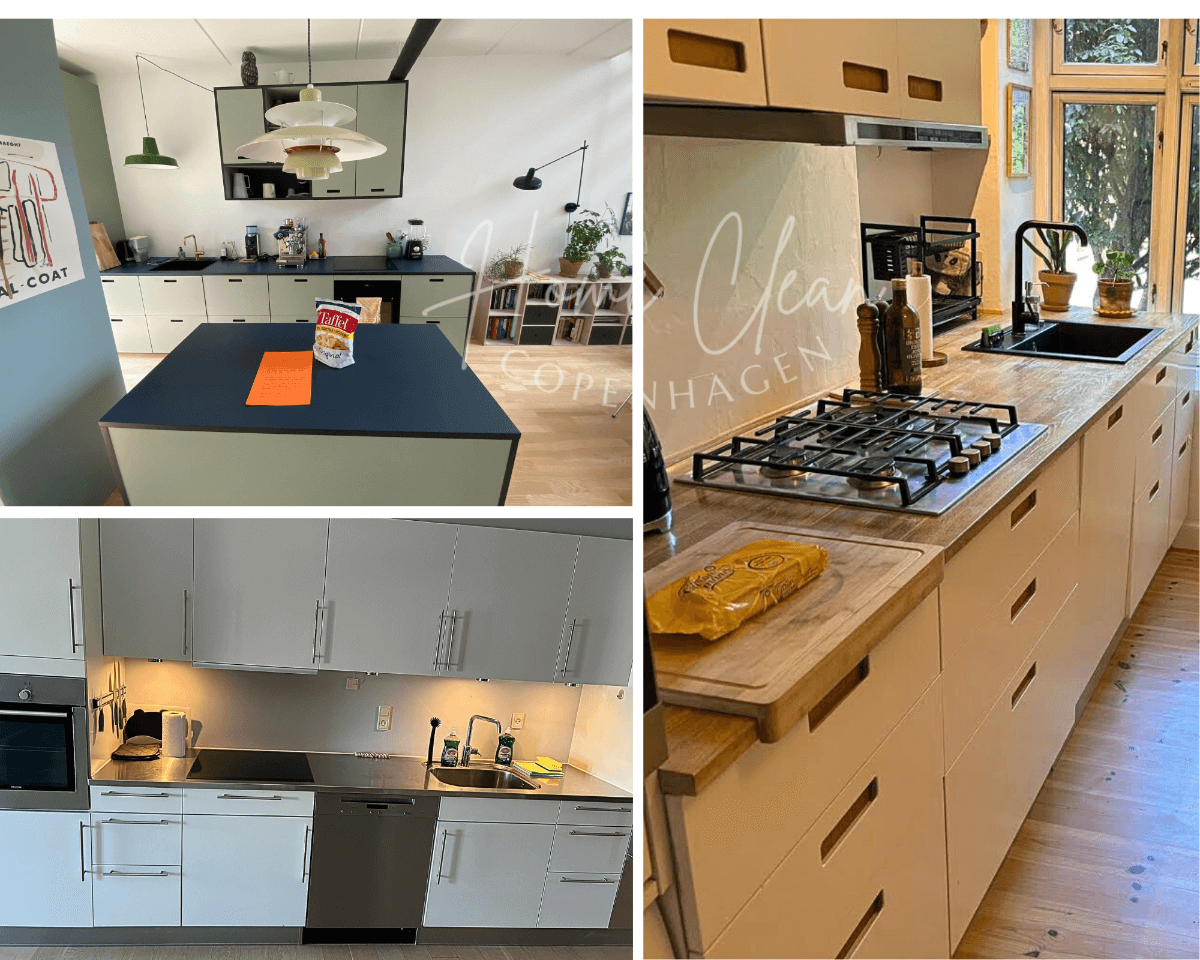 Modern kitchen showcasing clean countertops, gas stove, and organized cabinetry from Home Clean Cph in Copenhagen.