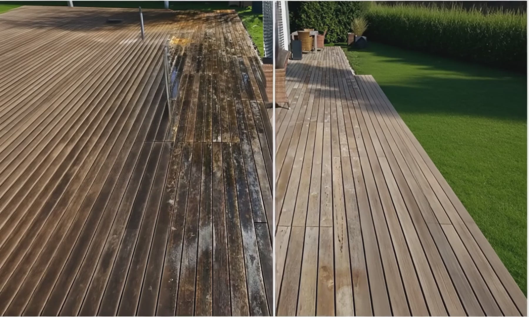 Before and after cleaning of a wooden deck, showcasing the transformation from dirty to pristine condition.
