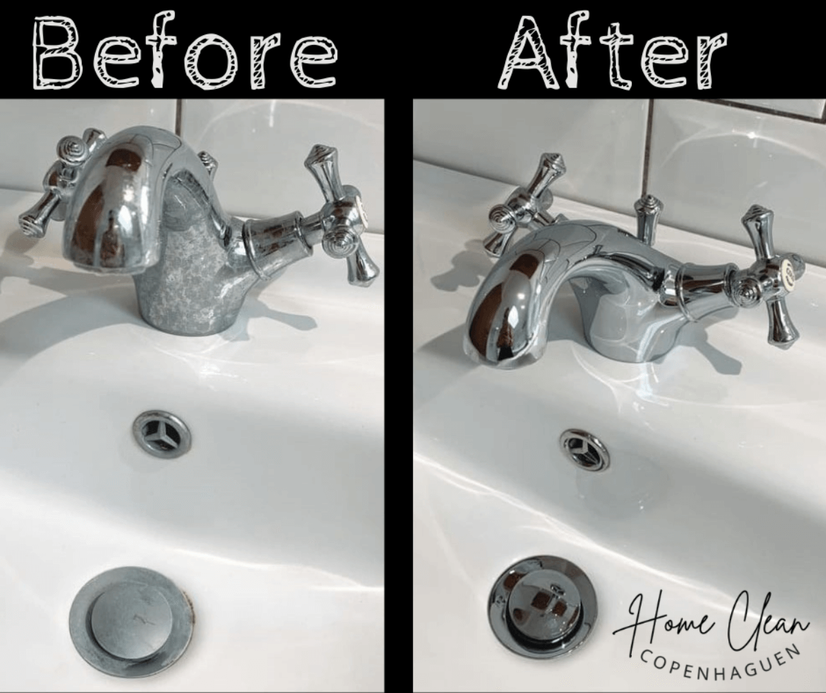 Before and after images of a bathroom faucet cleaned by Home Clean CPH. The transformation highlights a limescale-free, polished surface and sparkling sink, demonstrating professional bathroom cleaning services.