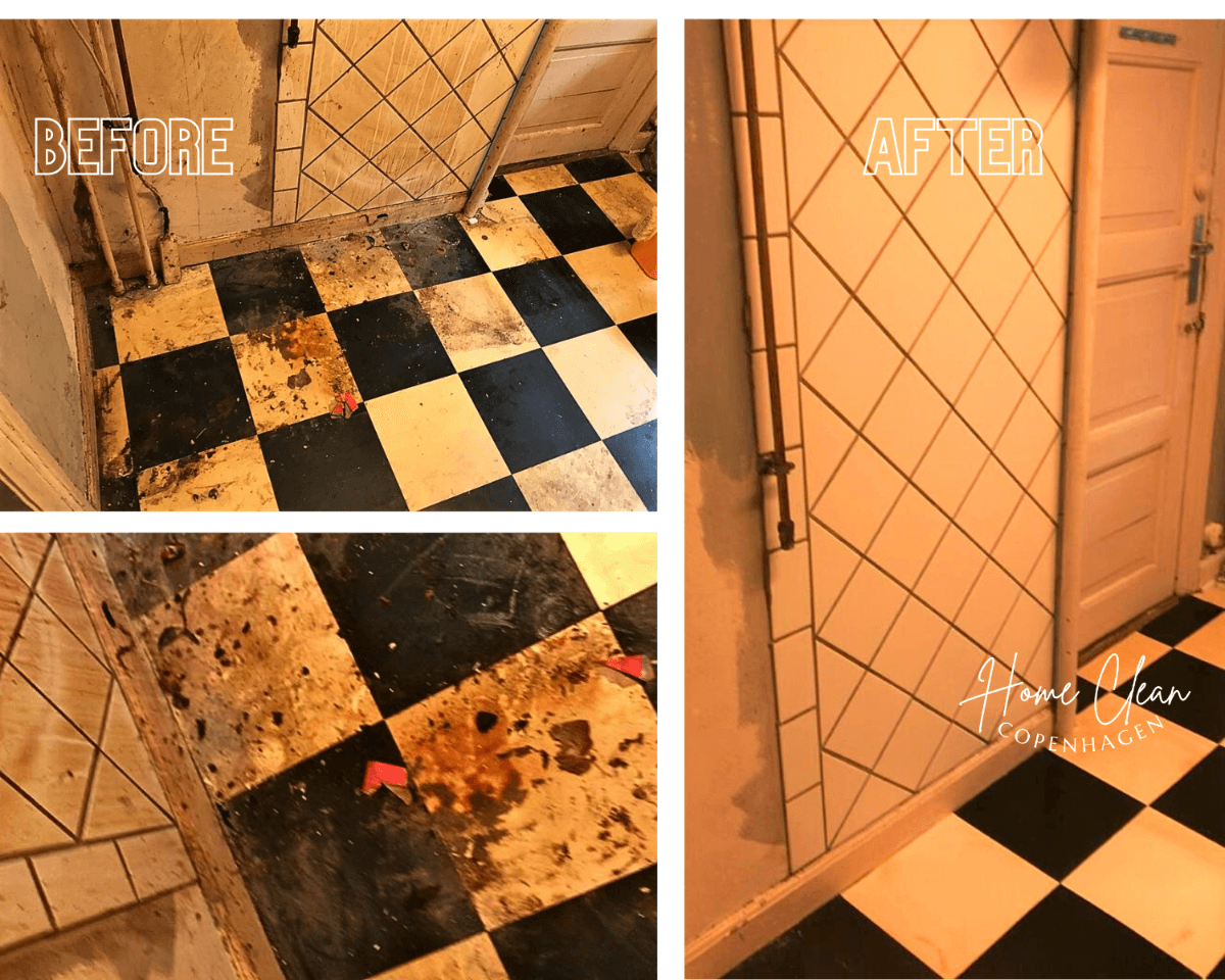 Before and after transformation of a dirty floor in a Copenhagen space, showcasing professional cleaning results.