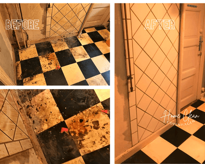 Before and after transformation of a dirty floor in a Copenhagen space, showcasing professional cleaning results.
