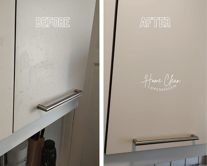 Before and after images of a cabinet handle and surface cleaned by Home Clean CPH. The transformation highlights a spotless and polished finish achieved through professional cleaning services.