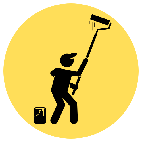 Illustration of a painter using a roller brush, standing with a paint can on a yellow background.