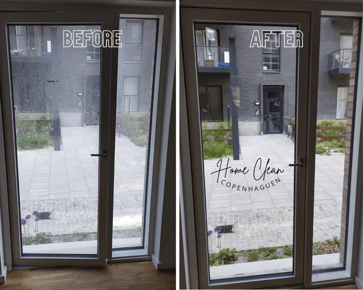 Before and after image of a clean window from Home Clean Copenhagen, showcasing exceptional cleaning services.