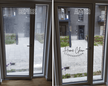 Before and after image of a clean window from Home Clean Copenhagen, showcasing exceptional cleaning services.