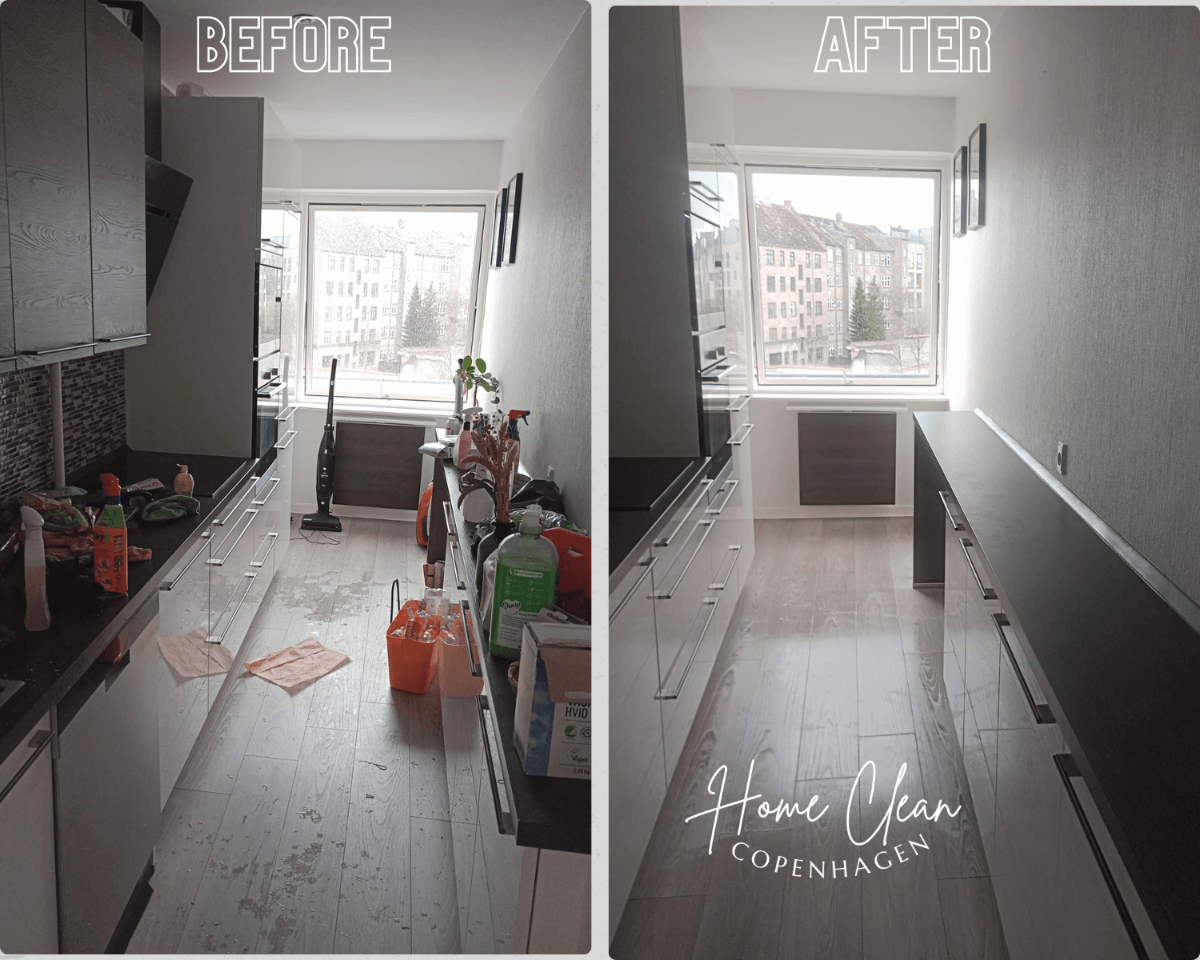 Before and after cleaning of a modern kitchen. The image showcases a spotless and well-organized kitchen after a professional move-out cleaning service by Home Clean CPH