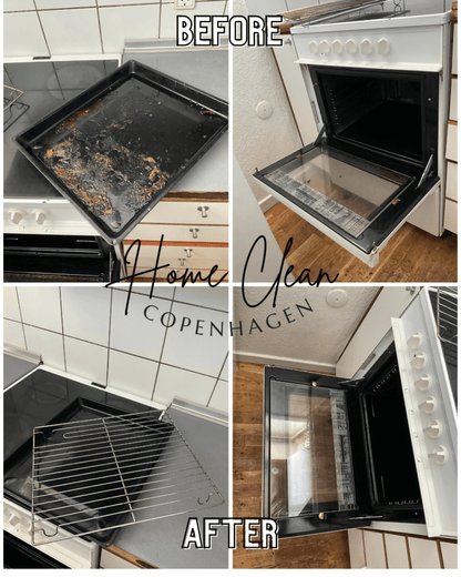 Before and after images of an oven cleaned by Home Clean CPH. The transformation highlights a grease-free, sparkling oven interior and racks, showcasing the effectiveness of professional kitchen cleaning services.