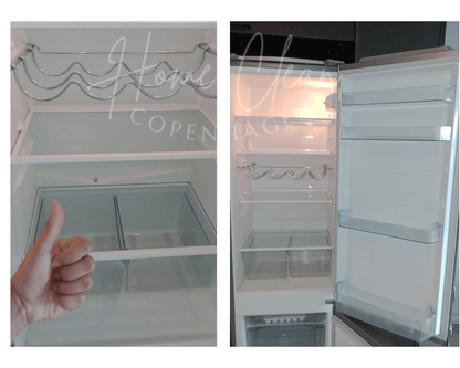 Before and after images of a refrigerator interior cleaned by Home Clean CPH. The spotless shelves and drawers highlight the effectiveness of professional deep cleaning services for kitchen appliances.