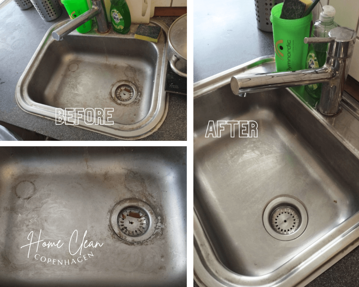 Before and after images of a kitchen sink cleaned by Home Clean CPH. The transformation highlights a shiny, spotless sink achieved through professional deep cleaning services.