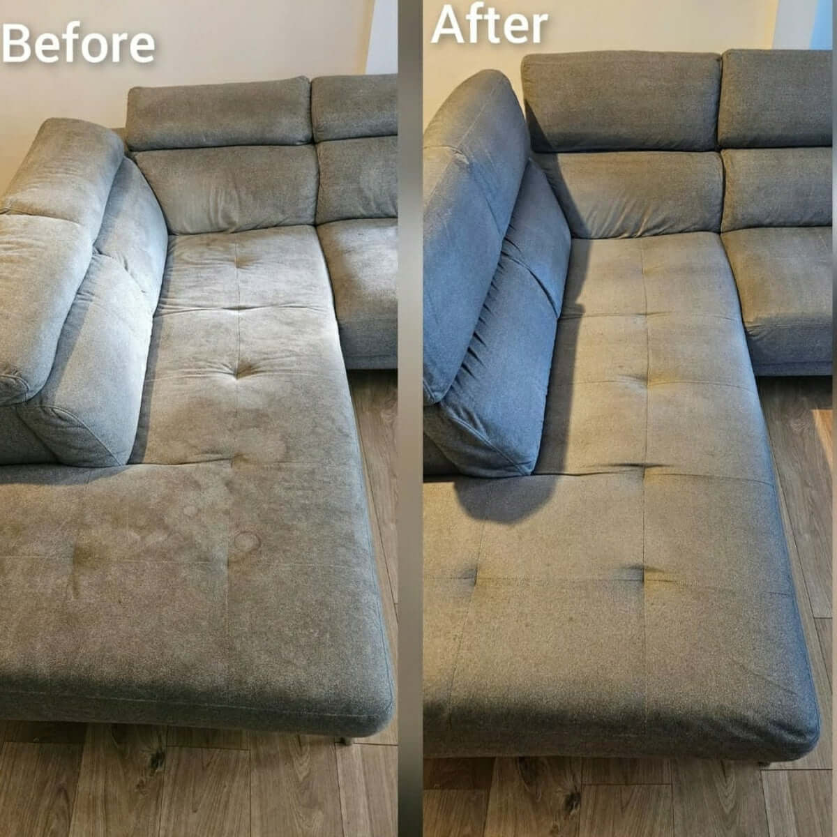 Before and after images of a sofa cleaned by Home Clean CPH. The transformation highlights a stain-free, refreshed, and spotless upholstery achieved through professional sofa cleaning services.