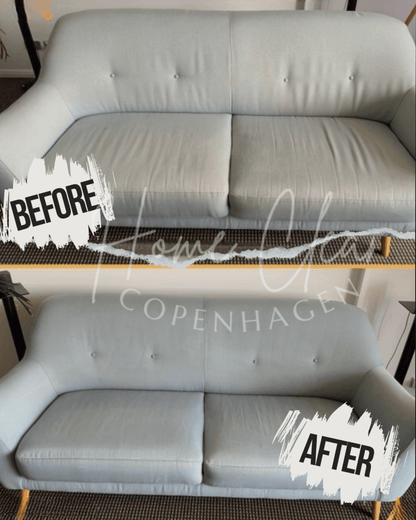 Before and after image of a sofa deep cleaning service in Copenhagen by Home Clean CPH.