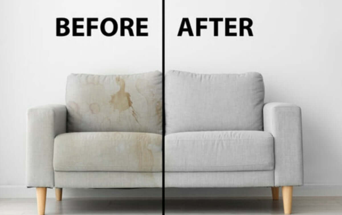 Before and after images of a stained sofa cleaned by Home Clean CPH. The transformation showcases a spotless, stain-free sofa, highlighting the effectiveness of professional upholstery cleaning services.