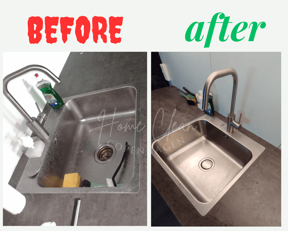 Before and after image of a clean kitchen sink by Home Clean CPH in Copenhagen.