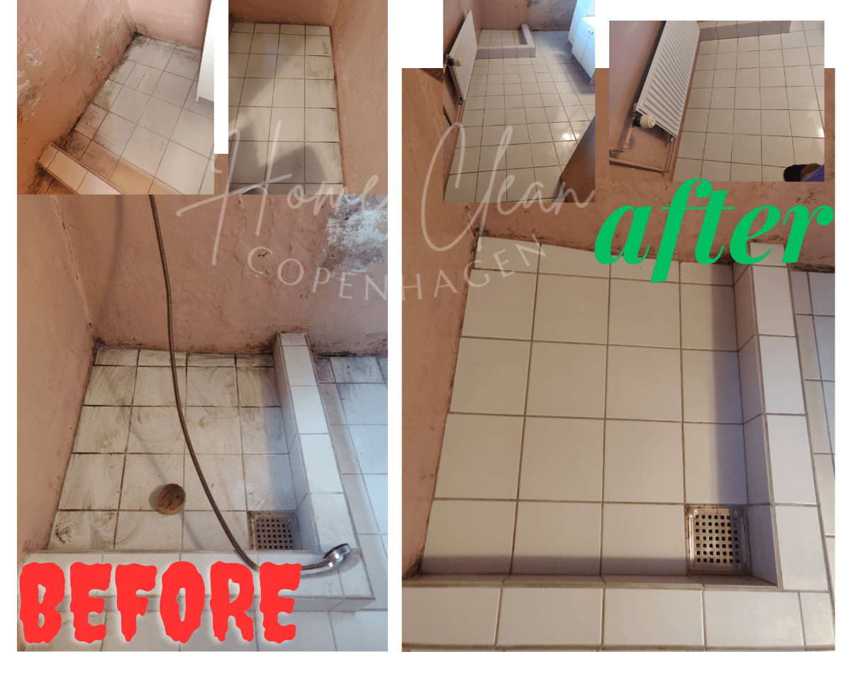Before and after images of a shower cleaning service in Copenhagen, showing transformed cleanliness and tile restoration.