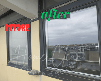 Before and after images of a window cleaned by Home Clean CPH. The transformation highlights streak-free glass and a crystal-clear view, demonstrating the effectiveness of professional window cleaning services.