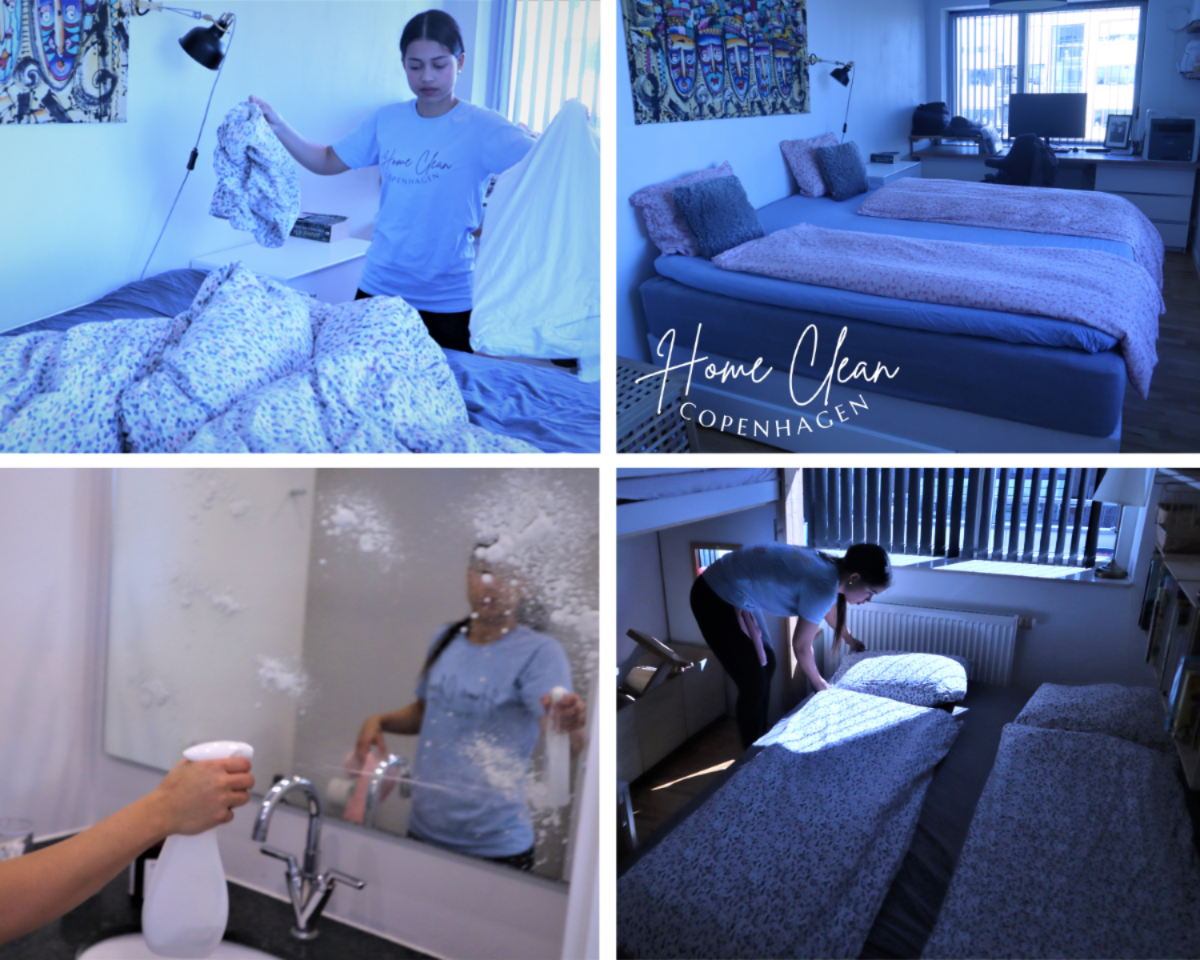 Home Clean Copenhagen staff cleaning a bedroom and bathroom with attention to detail